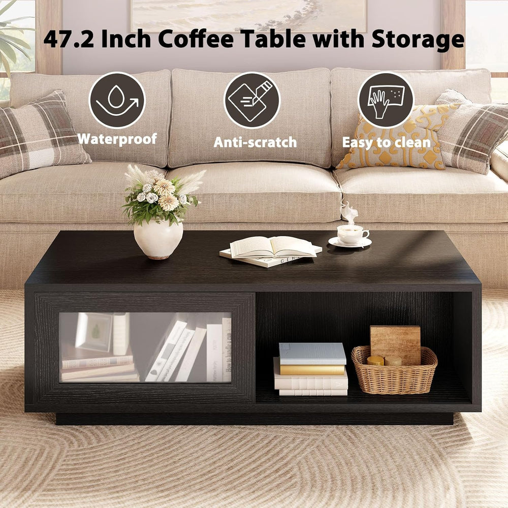 HSH 47 Inch Black Oak Coffee Table for Living Room with Storage