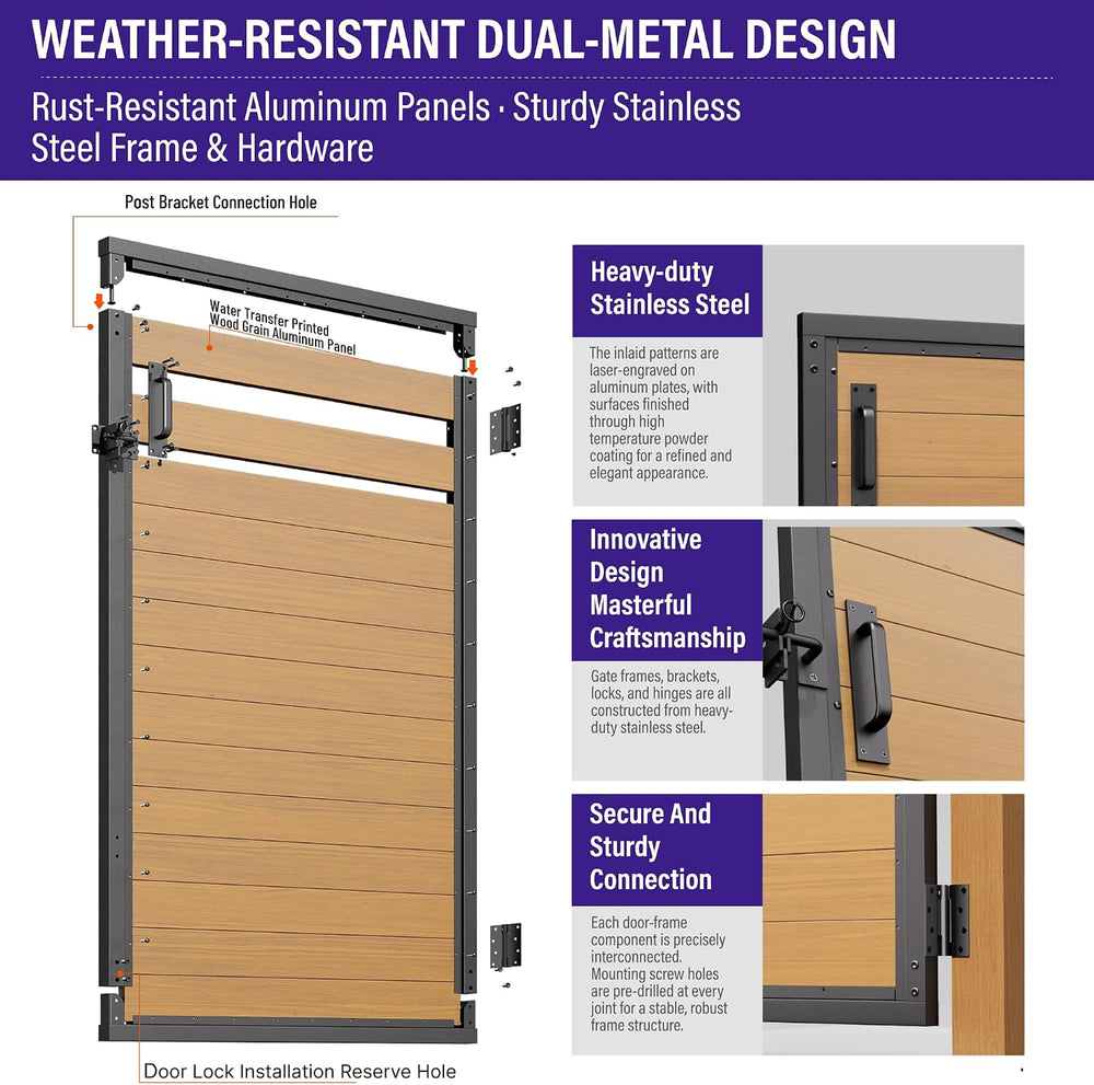 Hulave 4x5FT(46.8" Wx59 H) Fence Gate Kit Wood Grain Aluminum Panel, Brown
