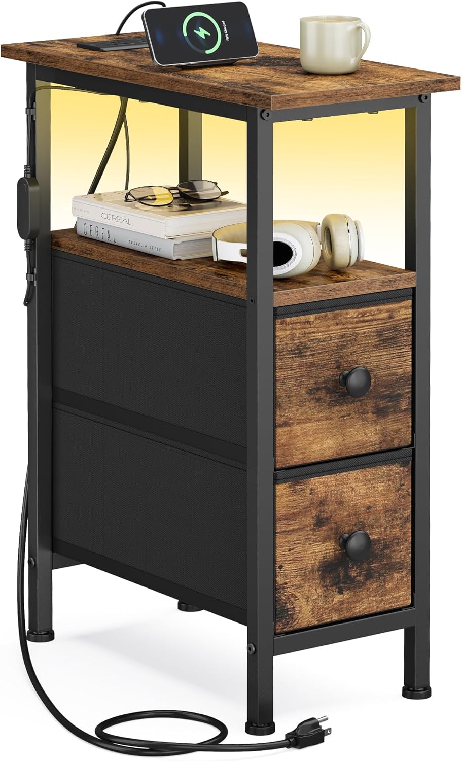 SONGMICS Side Table with LED Light, Narrow End Table with 2 Fabric Drawers