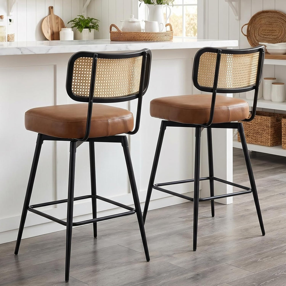 Rattan Bar Stools Set of 3, Swivel Counter Height, Brown