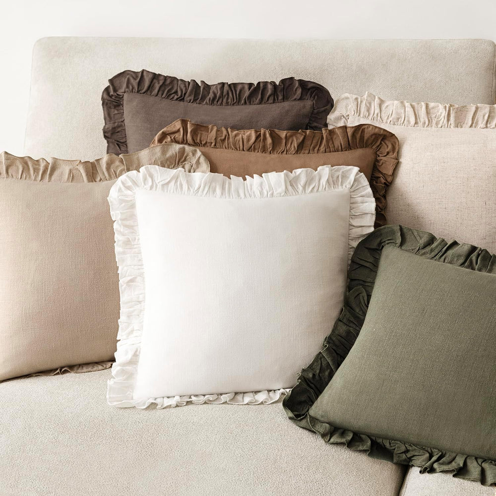 Foindtower Linen Fringe Ruffle Throw Decorative Pillow Covers 22×22 White