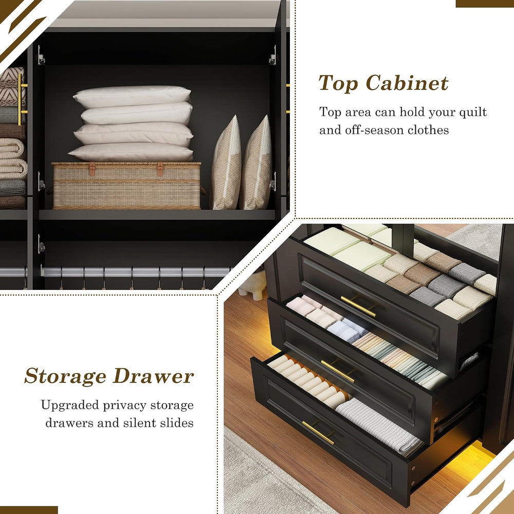 Hlivelood Large Armoire Wardrobe Closet Cabinet with Drawers and LED Lights, ...