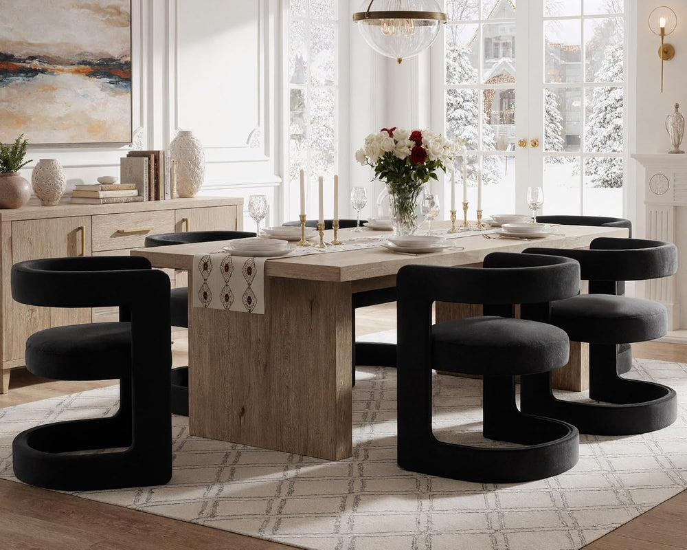 HNY Modern Black Velvet Barrel Dining Chairs Set of 6