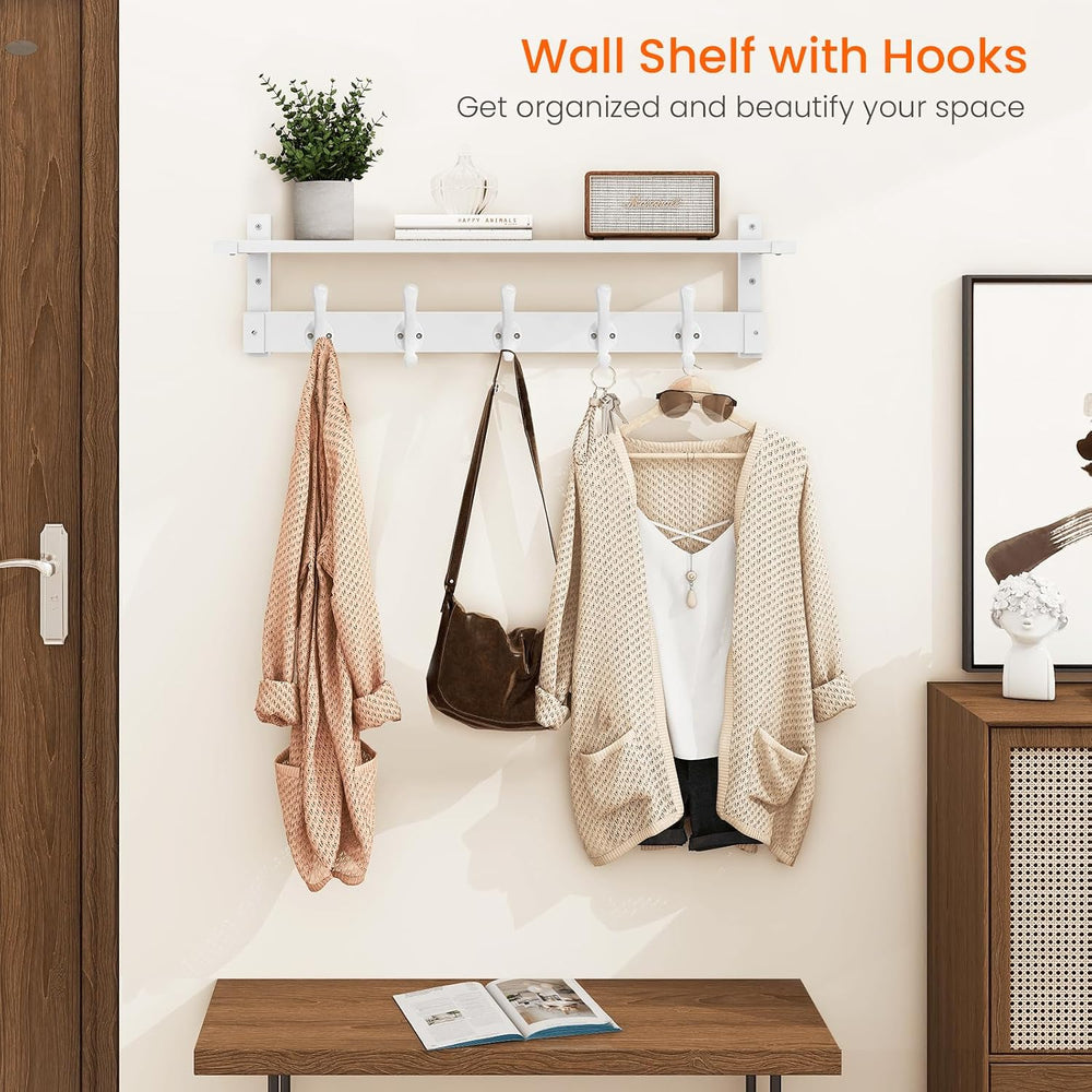 Homode Coat Rack with Wall Shelf, 29" Wooden Hanging Coat Hanger, White