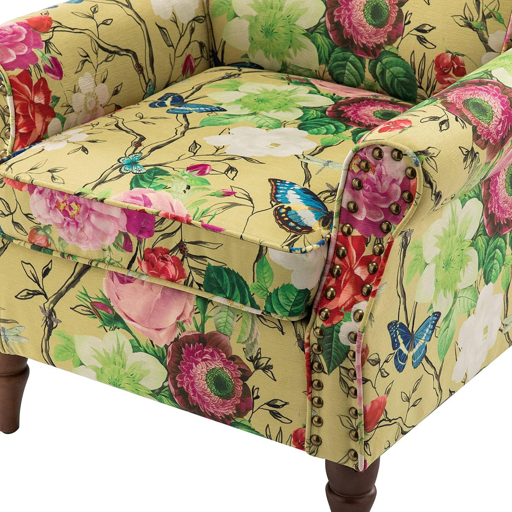 HULALA HOME Traditional Floral Accent Chair with Solid Wood Legs, Mustard