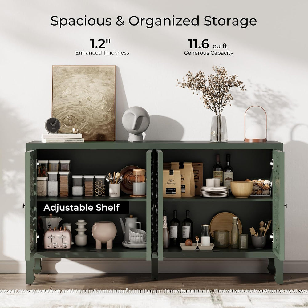 Buffet Cabinet with Storage, 4 Carved Doors Accent Cabinet, Green