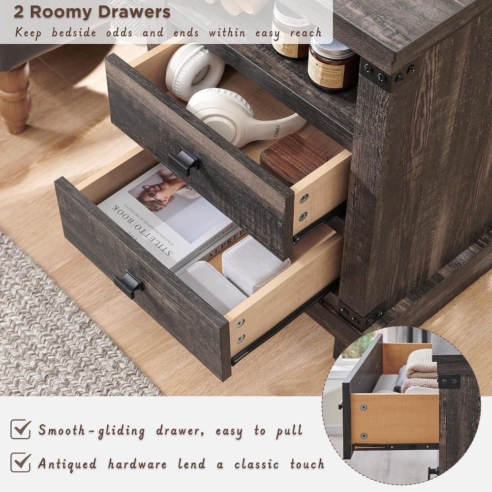 18" Farmhouse Nightstand Set of 2 with Charging Station, Dark Rustic Oak