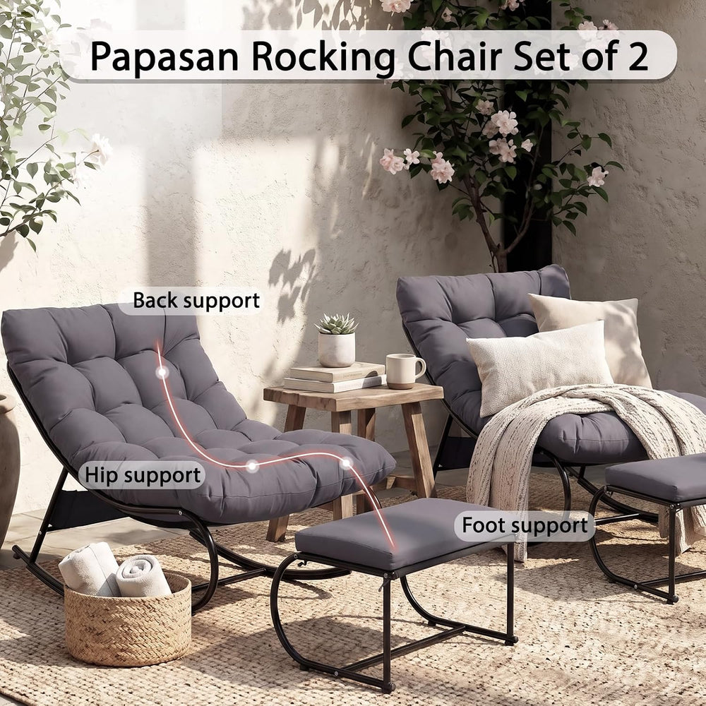 Double Papasan Rocking Chair Set with Ottoman, 2 Pack, Grey