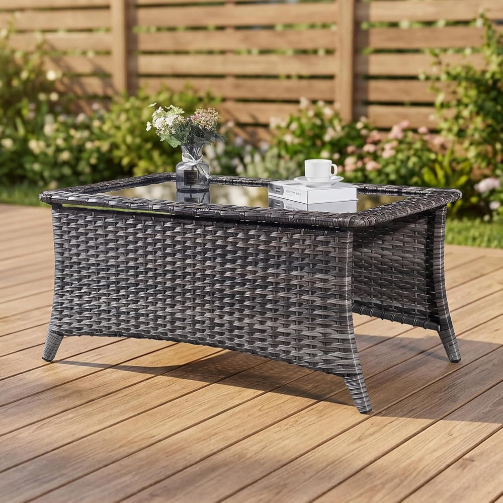 Belord Patio Coffee Table Outdoor Rectangular Glass Table, Handwoven Rattan P...