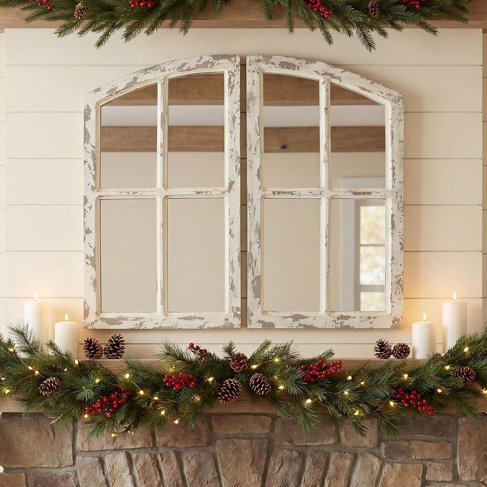 Flora Farmhouse Mirror, Decoration Wood Arch Window Wall Mounted Mirror
