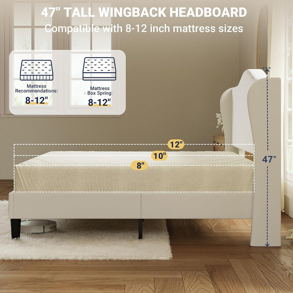 Allewie Queen Size Bed Frame, Plush Velvet Wingback, Modern Style, White