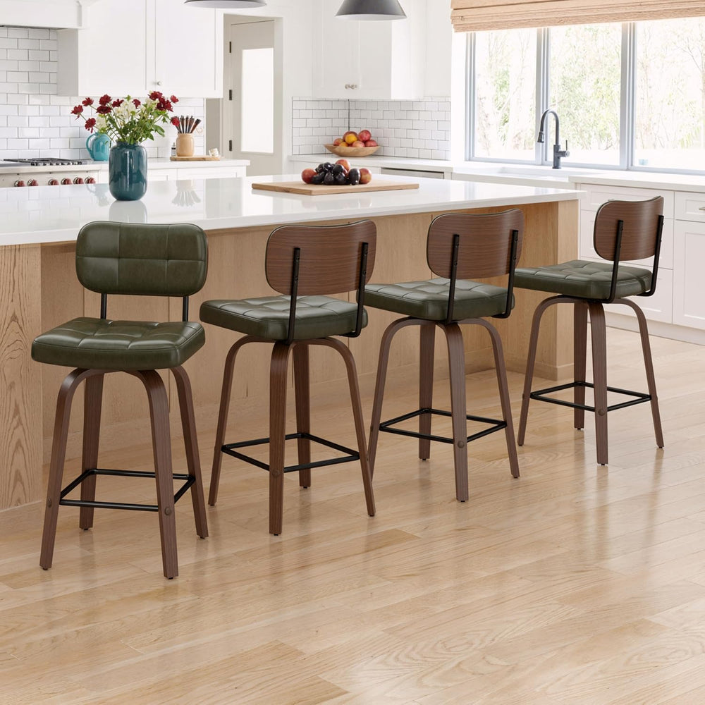 Bar Stools Set of 2 Swivel Counter PU Leather, Deep Green