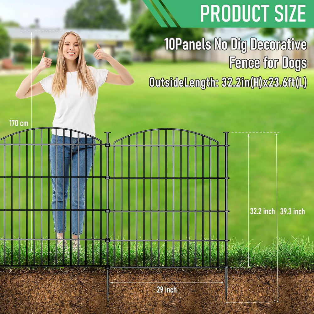 10‑Panel No‑Dig Metal Garden Fence 32"H x 23.6'L Dog Fence Outdoor f...