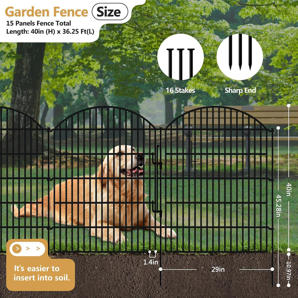 15 Panels Decorative Garden Fence with Lock, 40in (H) X 36.25ft (L) No Dig Do...