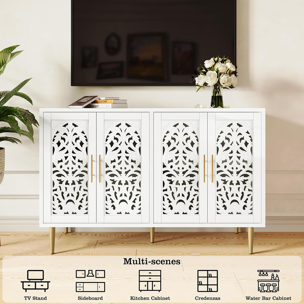 ARTPOWER 47.8" Vintage Accent Cabinet with 4 Hollow Carving Doors, White