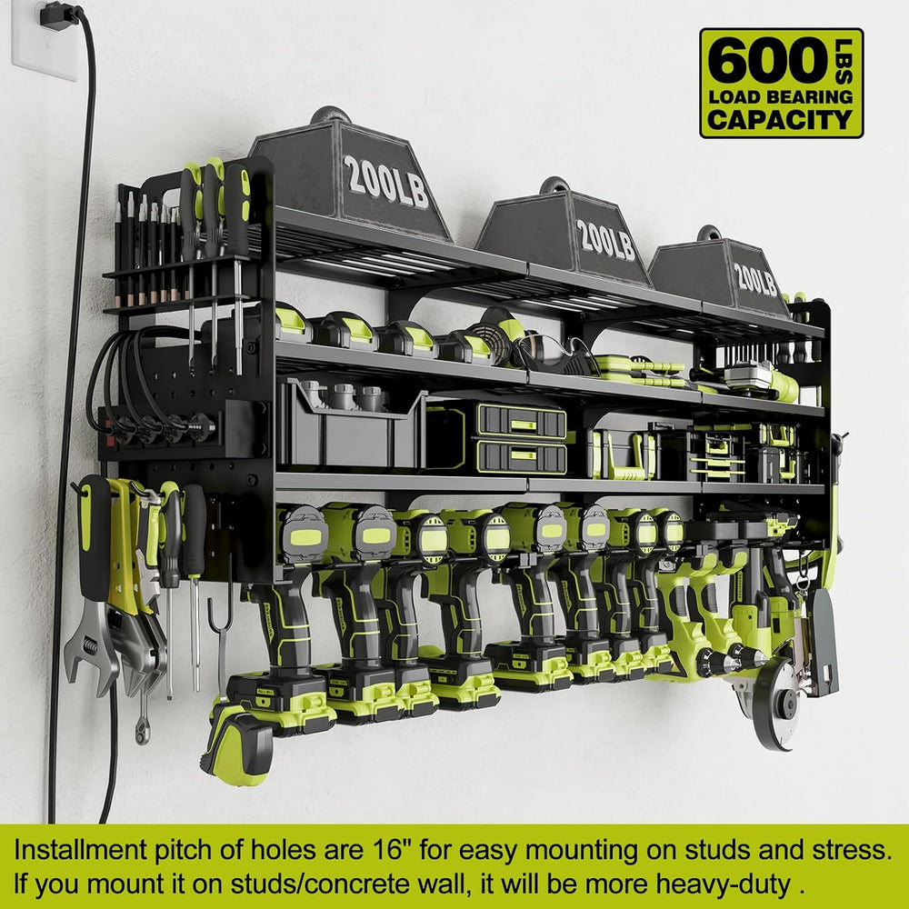 Power Tool Organizer Wall Mount, 12-Drill 4-Tier Charging Station, Black