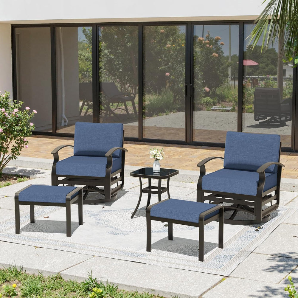 Gotland 5 Piece Patio Set, Aluminum Outdoor Swivel Chairs Set of 2 with 2 Ott...