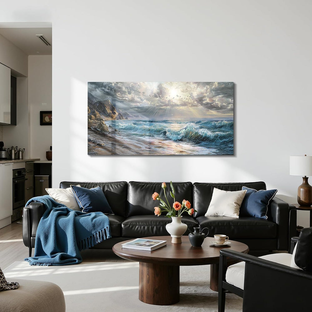 imjiayu Large Ocean Canvas Wall Art, Realistic Wave Sunburst 24"x48"