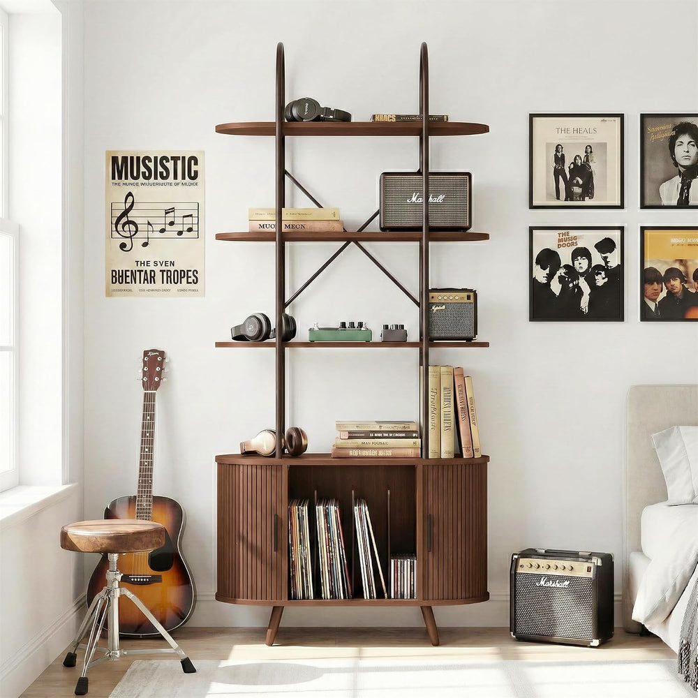 Tall Vinyl Record Player Stand with Sliding Doors, 4 Tier Shelf, Walnut