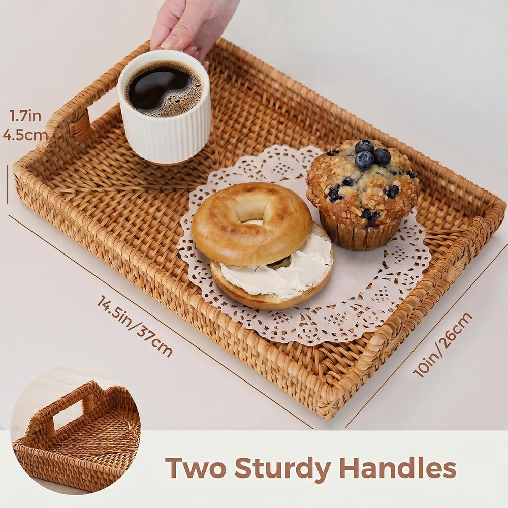 Rattan Serving Tray, Rectangle Woven Wicker Tray for Breakfast