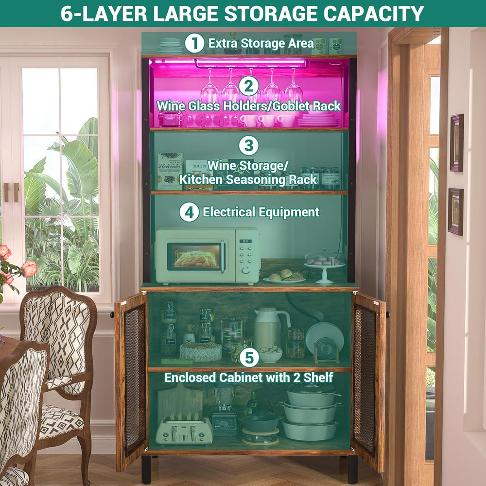Aheaplus Bar Cabinet with Power Outlets, LED Lights, 67" Tall Wine Cabinet
