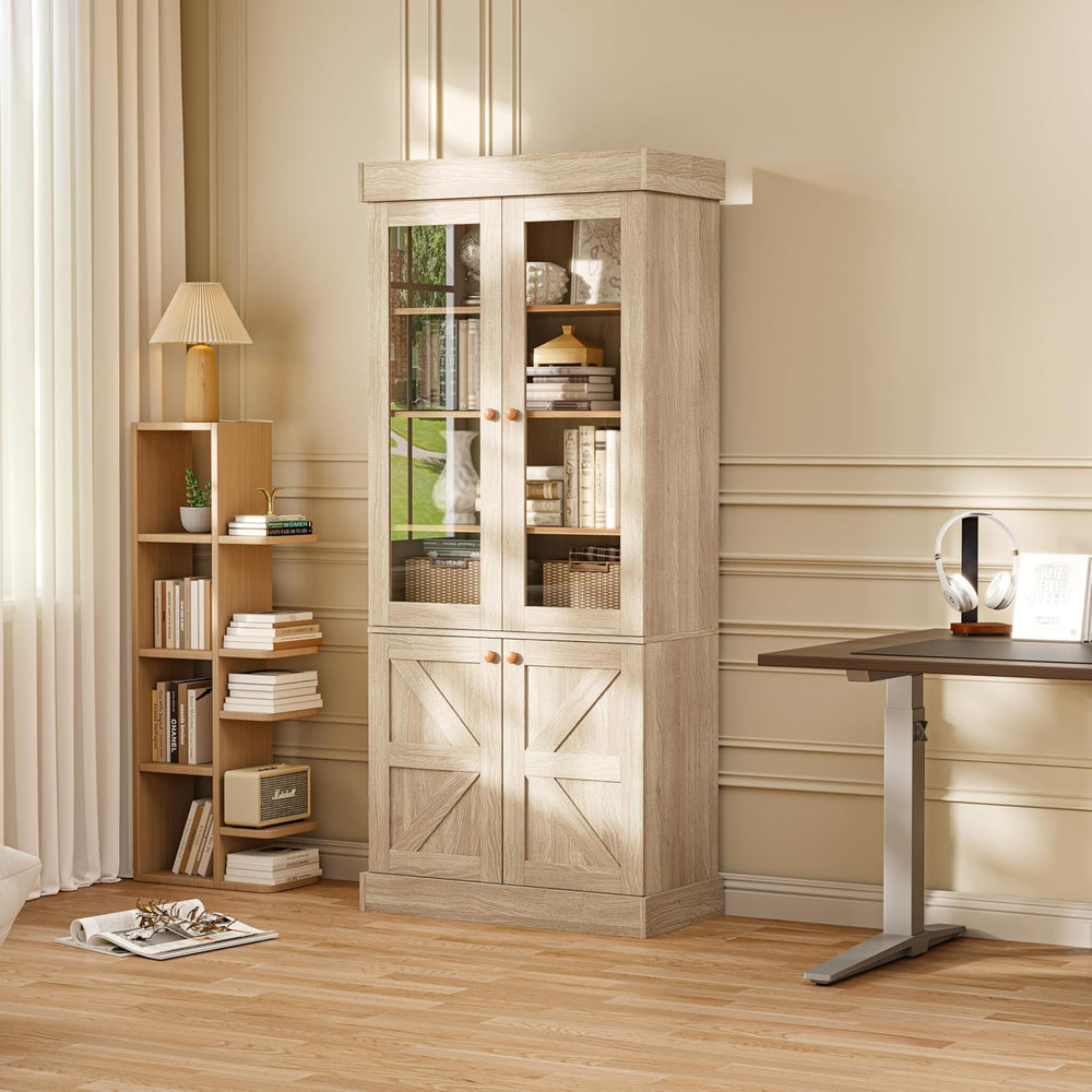 Vyre 71" Tall Farmhouse Bookshelves with Glass Doors, Brown Large Modula...