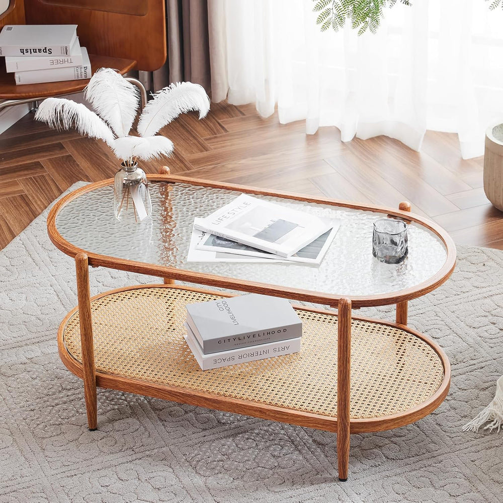 VINGLI 38" Glass Coffee Table Oval, Rattan Coffee Table, Natural Vibe