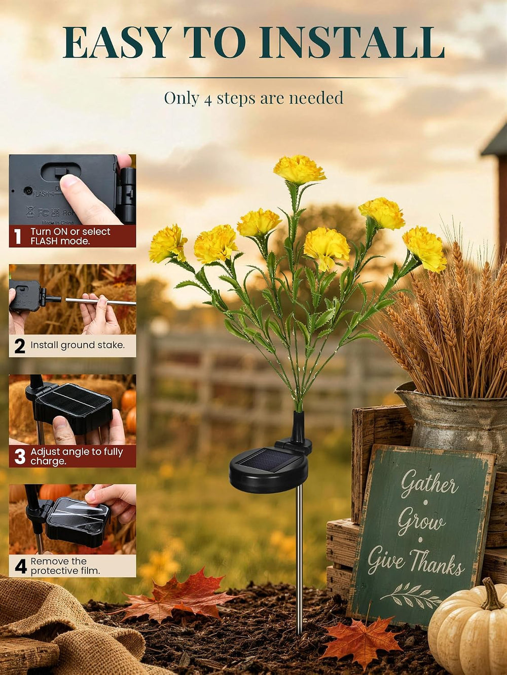 GIGALUMI 4 Pack Solar 28 Carnations Flowers Outdoor, 2 Modes, Yellow