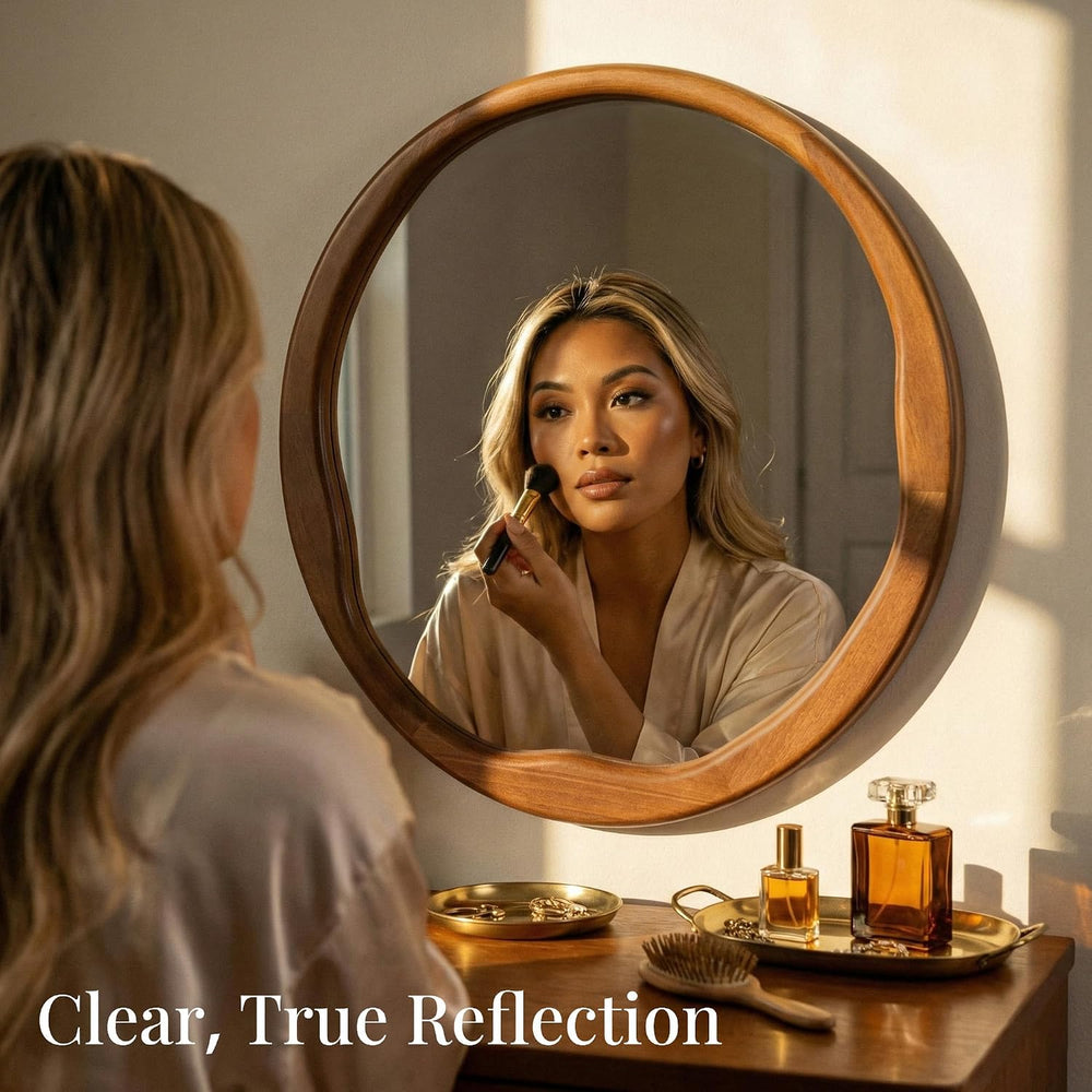 Warm Walnut 24 Inch Round Wood Wall Mirror, Asymmetrical Inner Edge