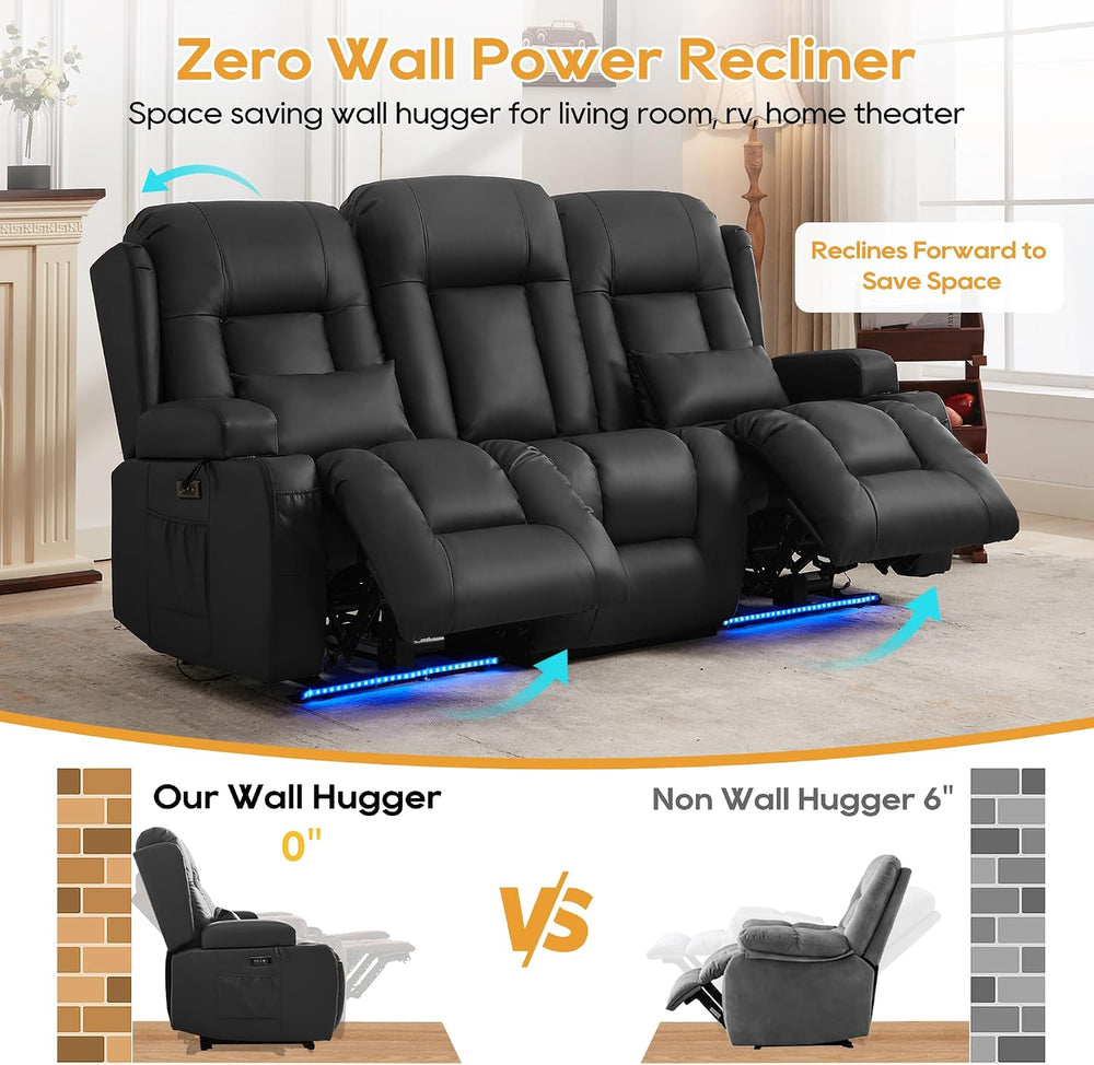 IPKIG 3-Piece Power Recliner Sofa Set with Massage and Heat, Faux Leather