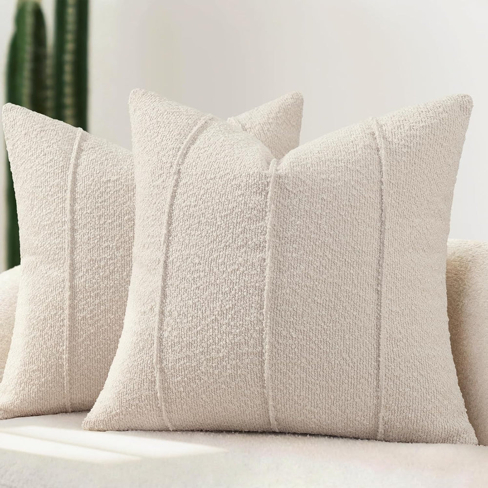 YCOLL Textured Boucle Throw Pillow Covers 22x22 Pack of 2 - Soft Neutral Stri...