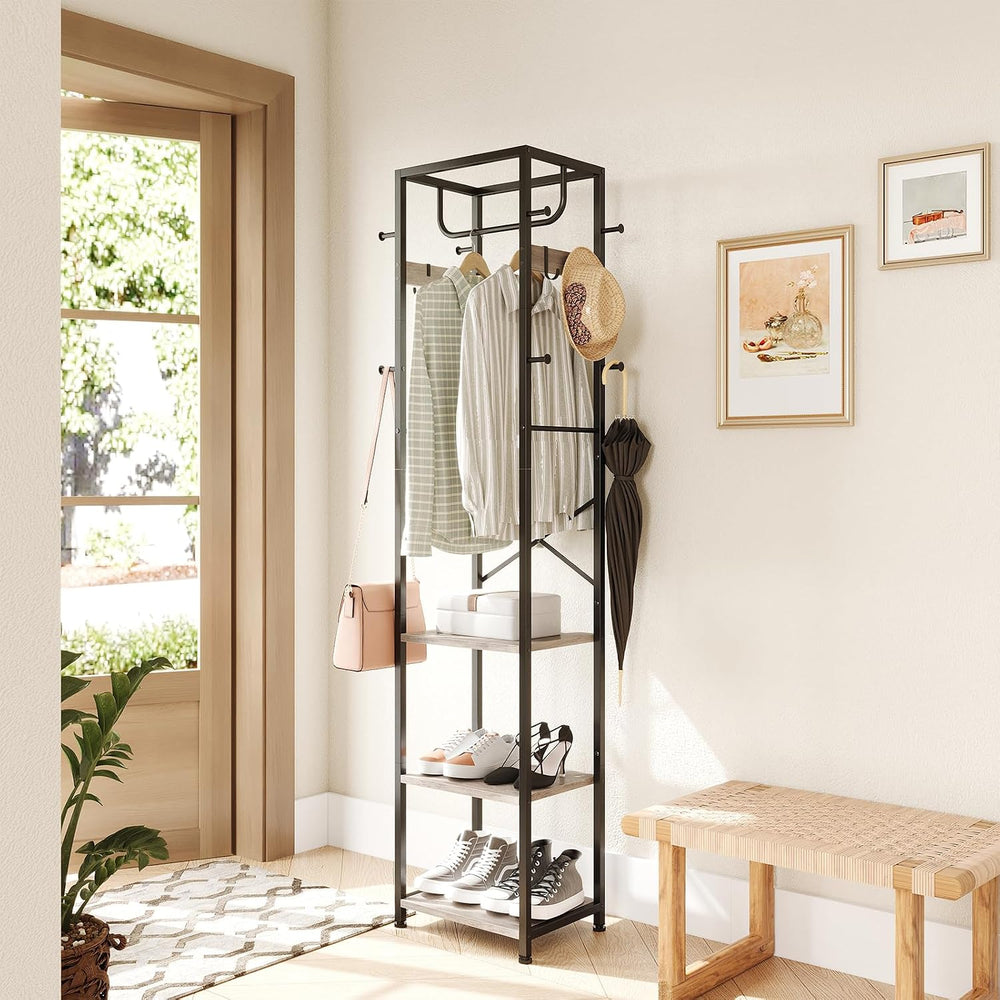 Coat Rack Freestanding, Hall Tree with 3 Shelves and 12 Hooks, Greige