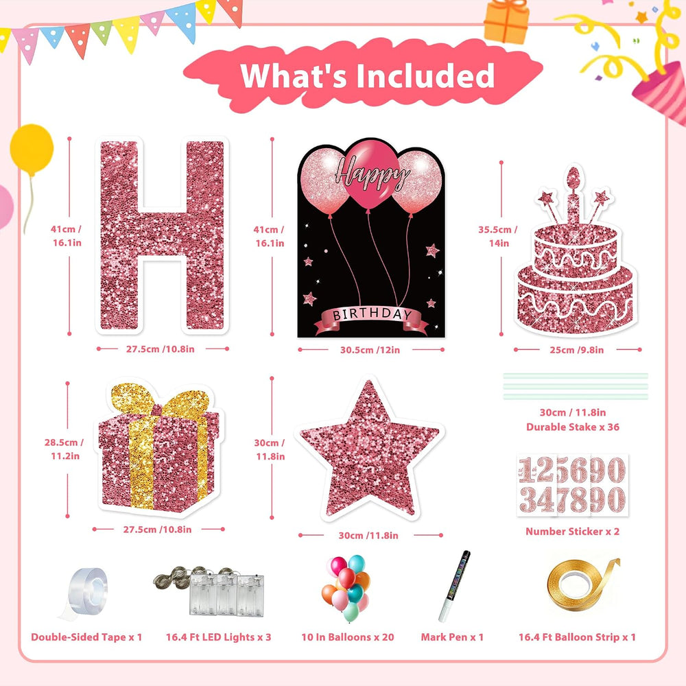 18 Pcs Happy Birthday Yard Sign with Stakes, Pink Happy Birthday Yard Sign wi...