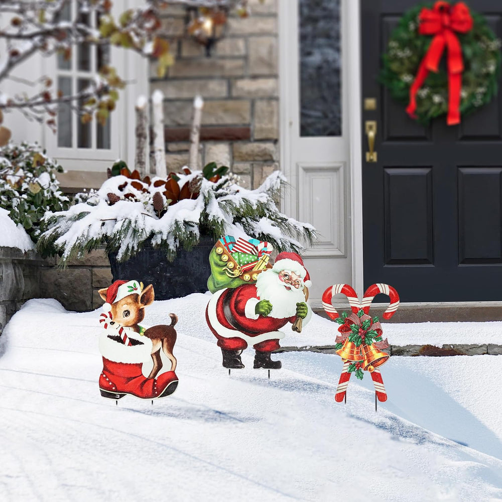 Glitzhome Set of 3 Garden Yard Stake, 40 Inches Metal Glitter Santa, Reindeer...