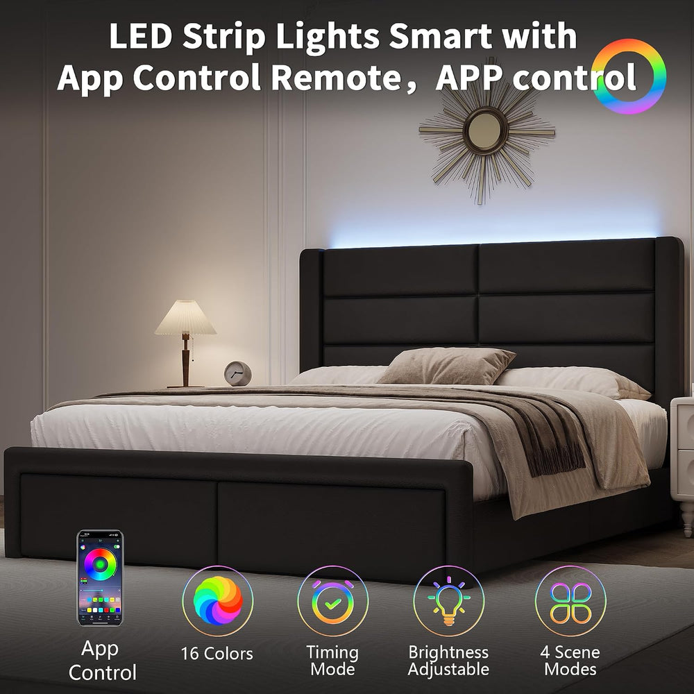Queen Upholstered Bed Frame with Headboard and LED Lights, Modern Faux Leathe...