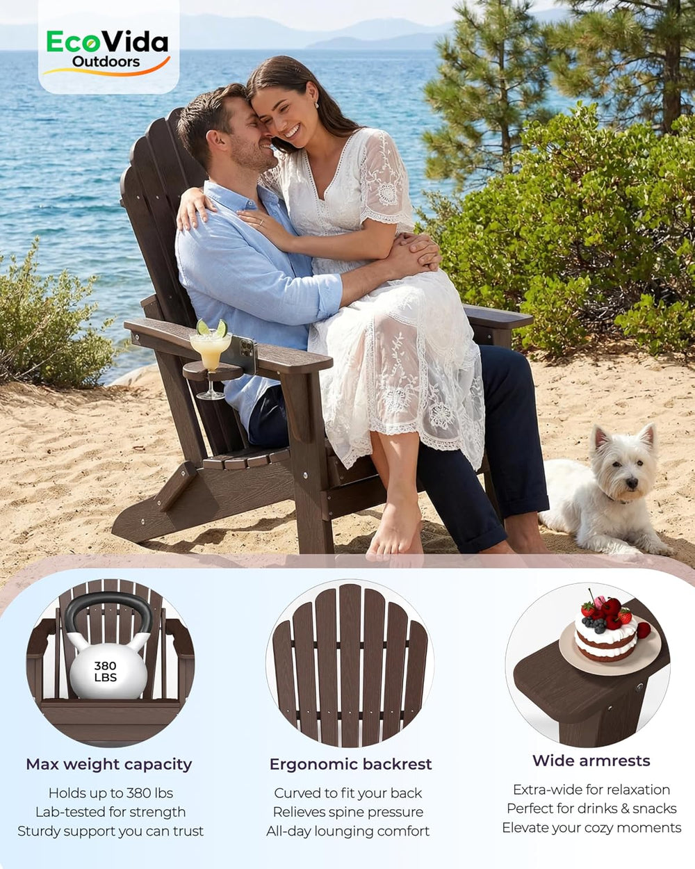 Adirondack Chair Set of 2 with 2 Cup Holders&Table, Coffee