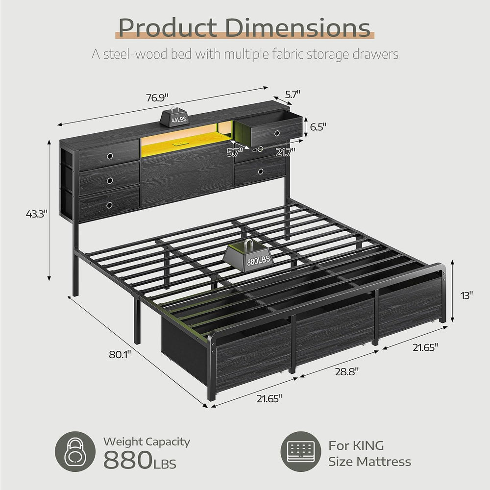 Homkdom King Size Bed Frame with 9 Drawers and Charging Station,Black