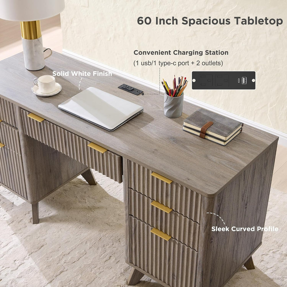 T4TREAM 60" Modern Fluted Executive Desk with Drawers, Alder Grey