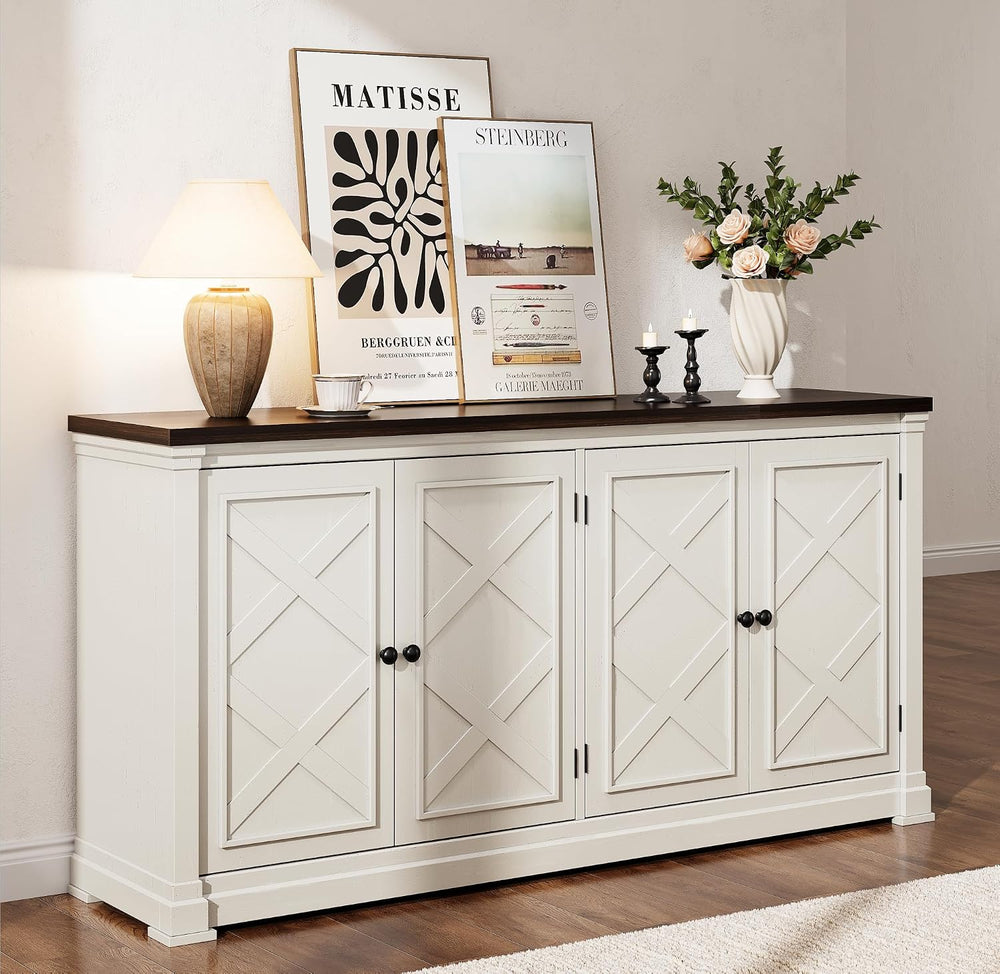 ONBRILL 63 Inch Buffet Cabinet with Storage, 4 Barn Doors, Off White