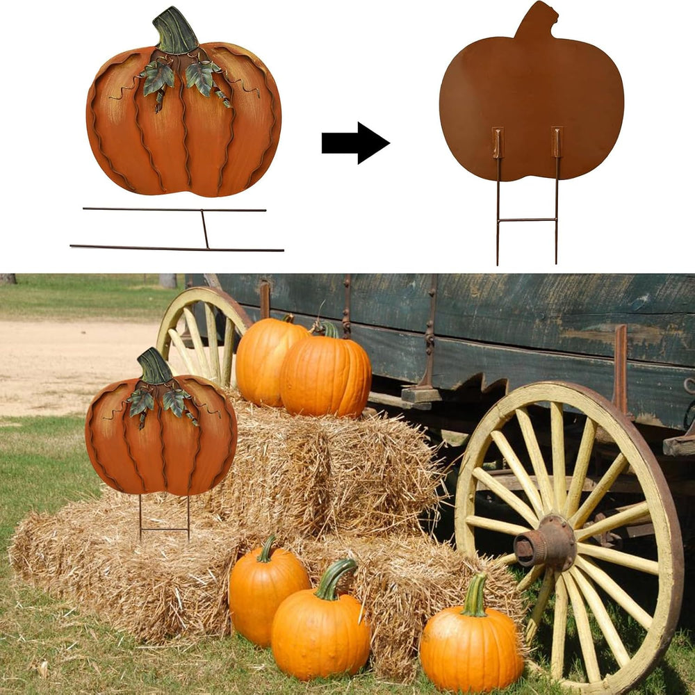 17" H Metal Pumpkin Garden Stake Fall Decor Decorative Pumpkin Yard Sign