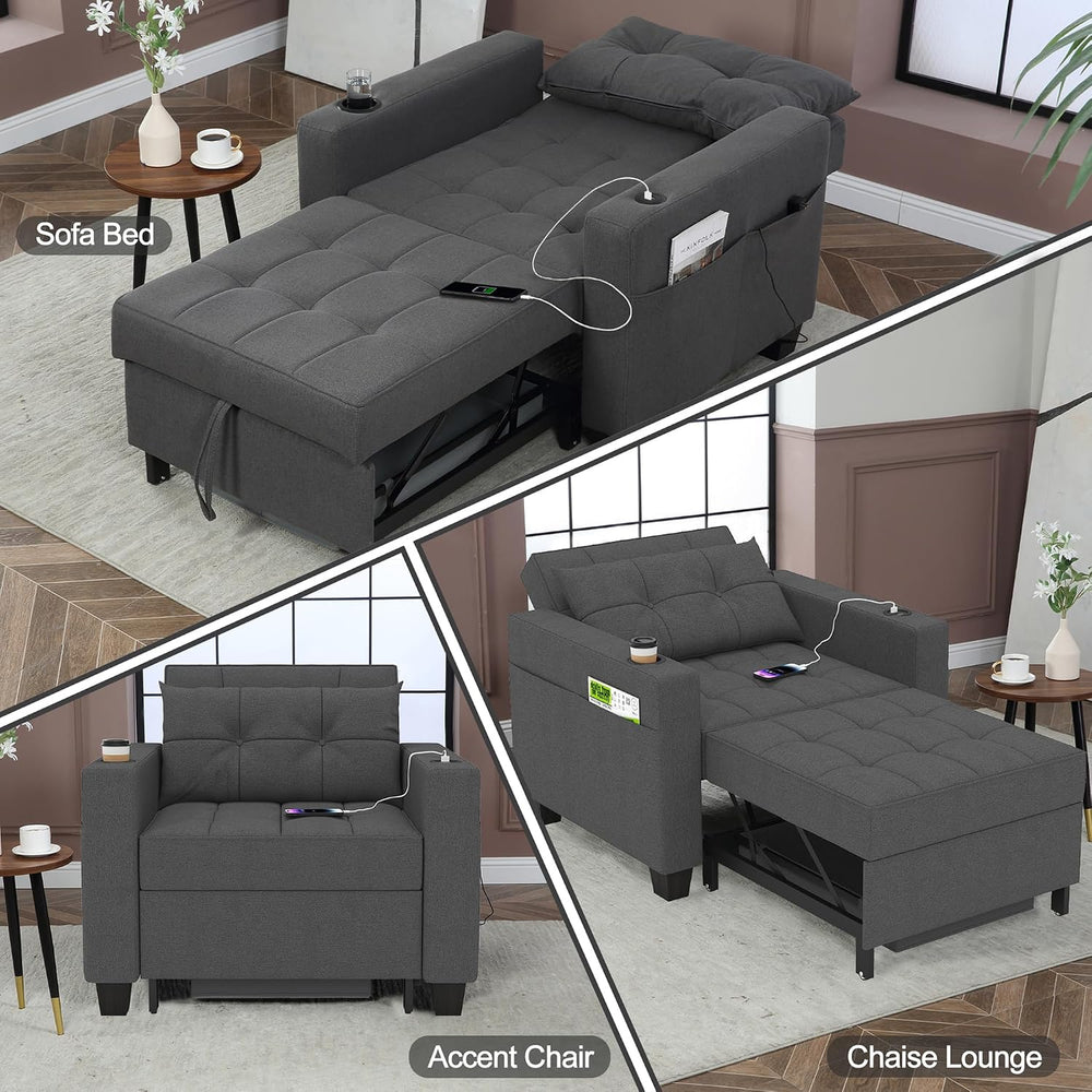 36" 3-in-1 Sleeper Chair, Convertible Pull Out Sofa Bed, Dark Gray Linen
