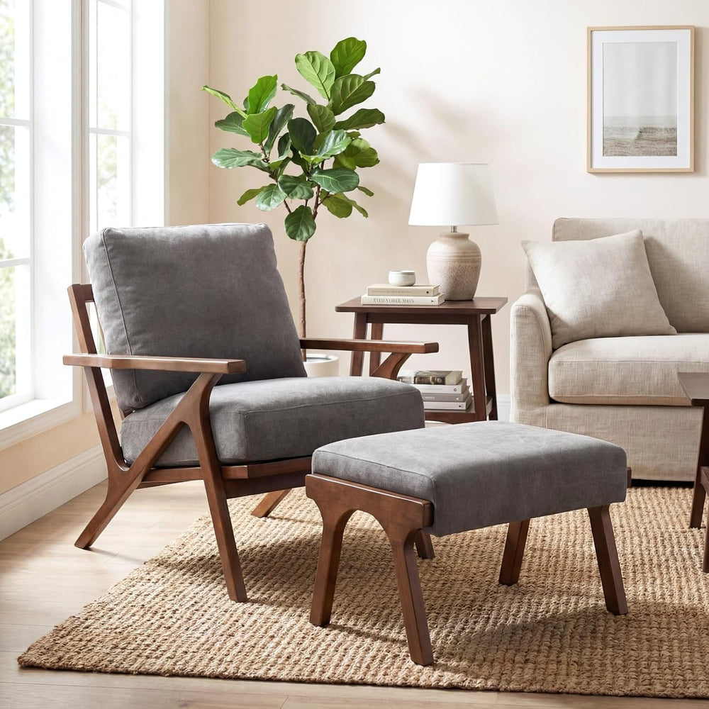 chairus Mid-Century Modern Accent Chair with Ottoman, Comfy Upholstered Loung...