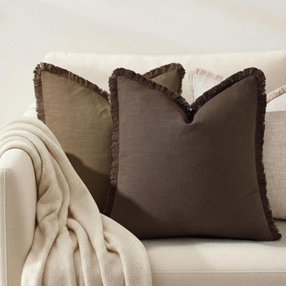 decorUhome Linen Fringe Chocolate Throw Pillow Covers 20x20 Set of 2