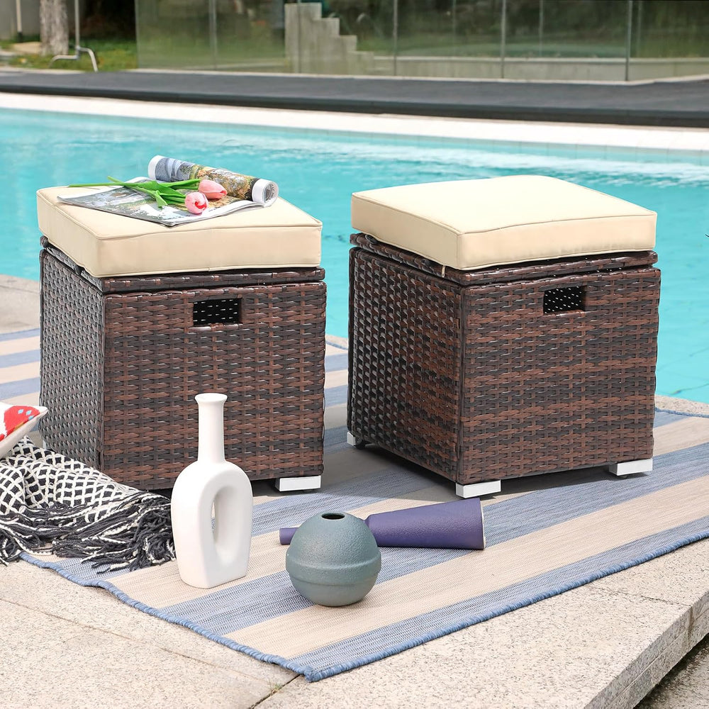 Patiorama 2 Piece Outdoor Patio Ottoman with Storage, Wicker, Beige