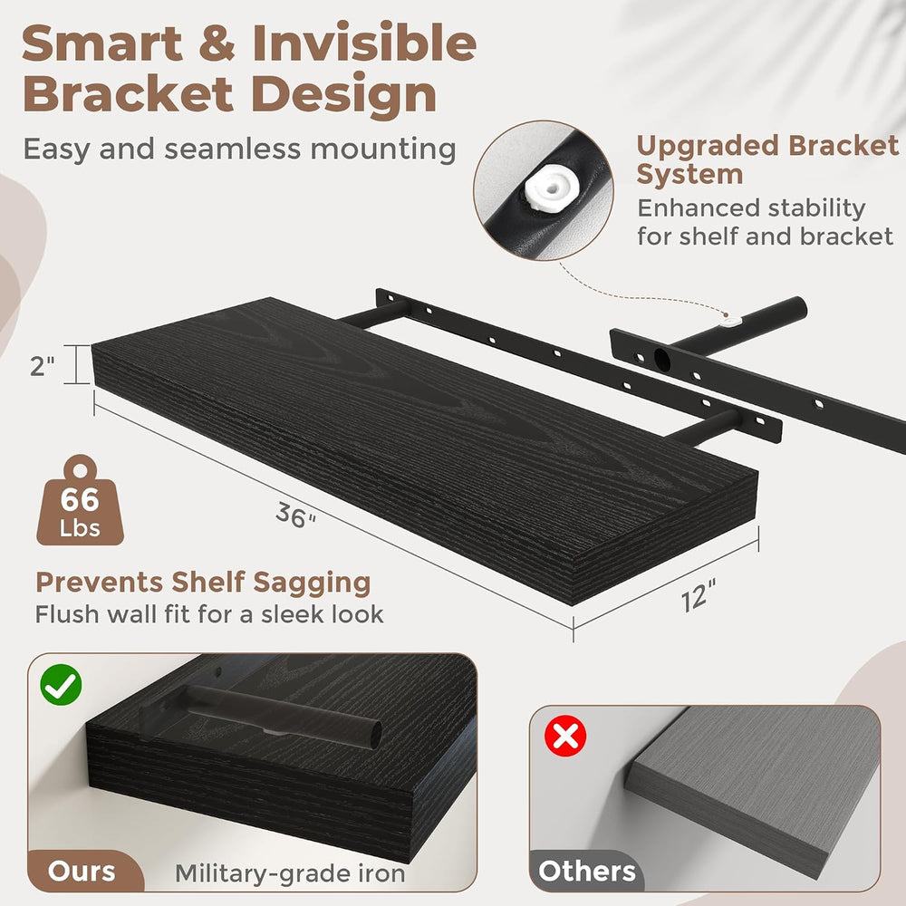 12 inch Deep Floating Shelves for Wall, 36" Wide, Black Finish, 1-Pack