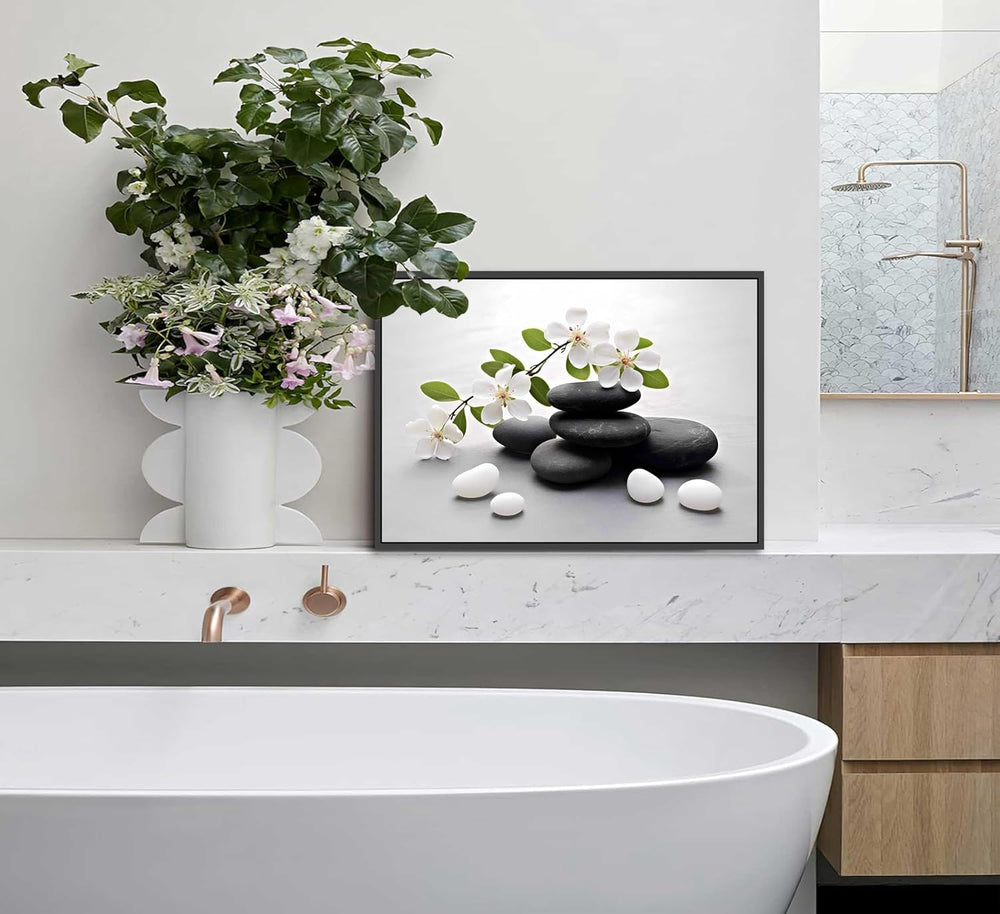 Framed Zen Stone Flower Canvas Wall Art Orchid Flower Black White Zen Stone P...
