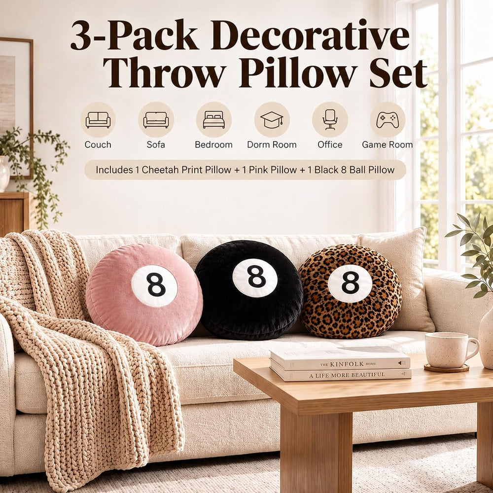 3 Pcs 8 Ball Pillow Cheetah Print Pillow, Pink & Black & Cheetah