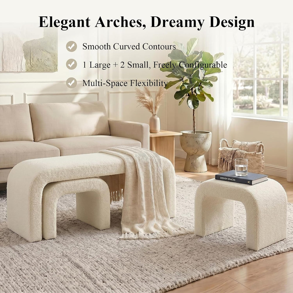 3-Piece Ottoman Bench Set, End of Bed Bench with 2 Foot Stools