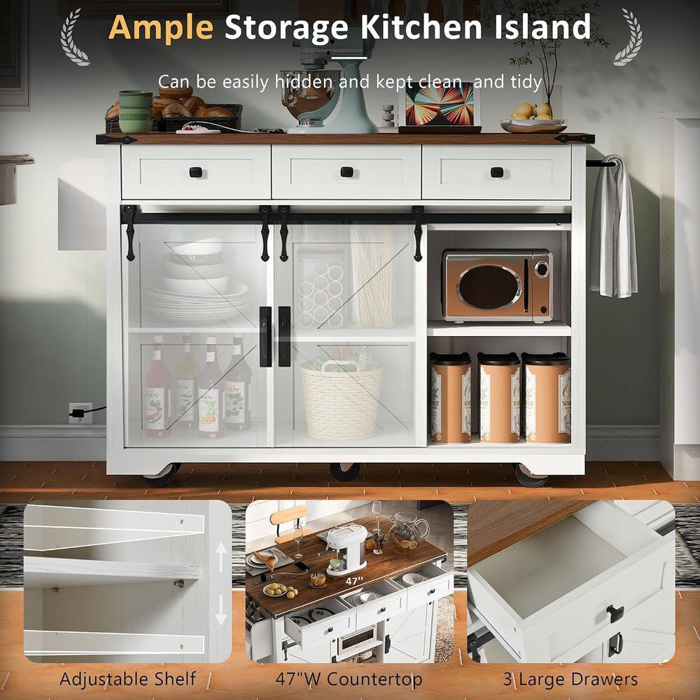53.7" Farmhouse Kitchen Island with Sliding Barn Doors, White