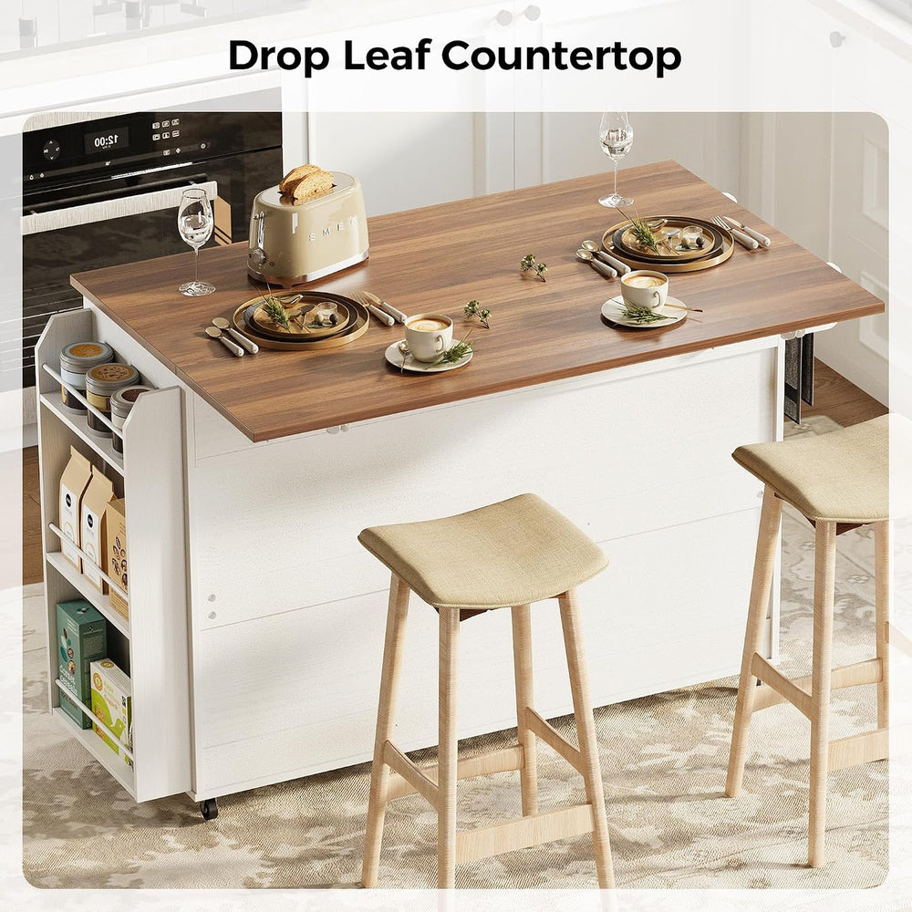 IRONCK Kitchen Island with Storage, Drop Leaf Countertop, White